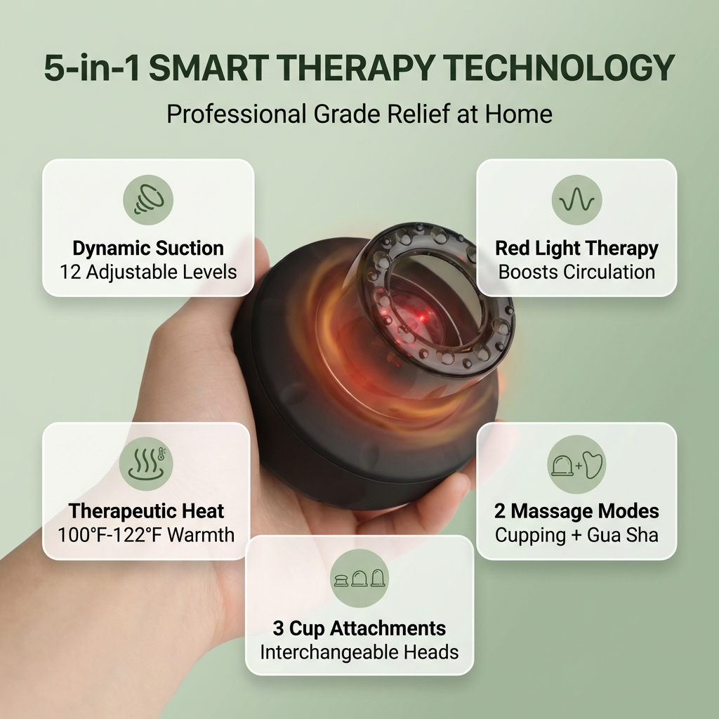 RHYTIA 5-in-1 smart therapy technology — dynamic suction, red light, therapeutic heat, 2 massage modes, 3 cup attachments